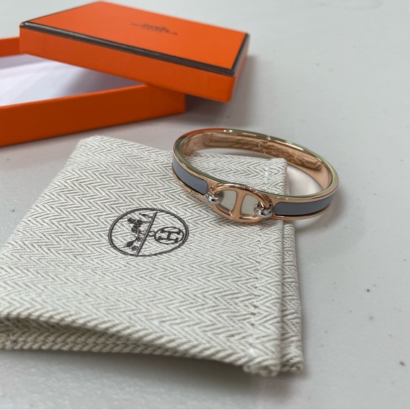 Hermes Mini Clic Chaine d'Ancre Bangle Enamel Bracelet Rose Gold Plated Grey - Picture 1 of 11